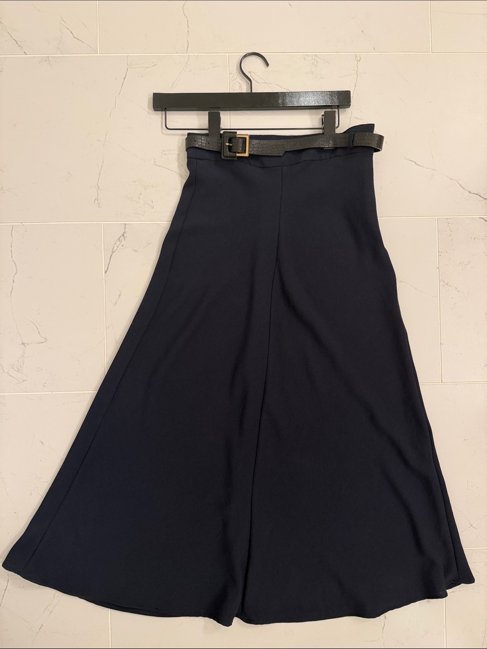 Zara Navy A-Line Maxi Skirt with Black Belt